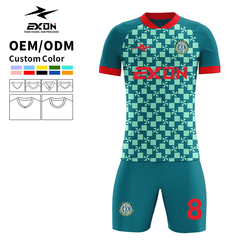 Geometric Emerald Mosaic Soccer Shirt with Crimson Accents